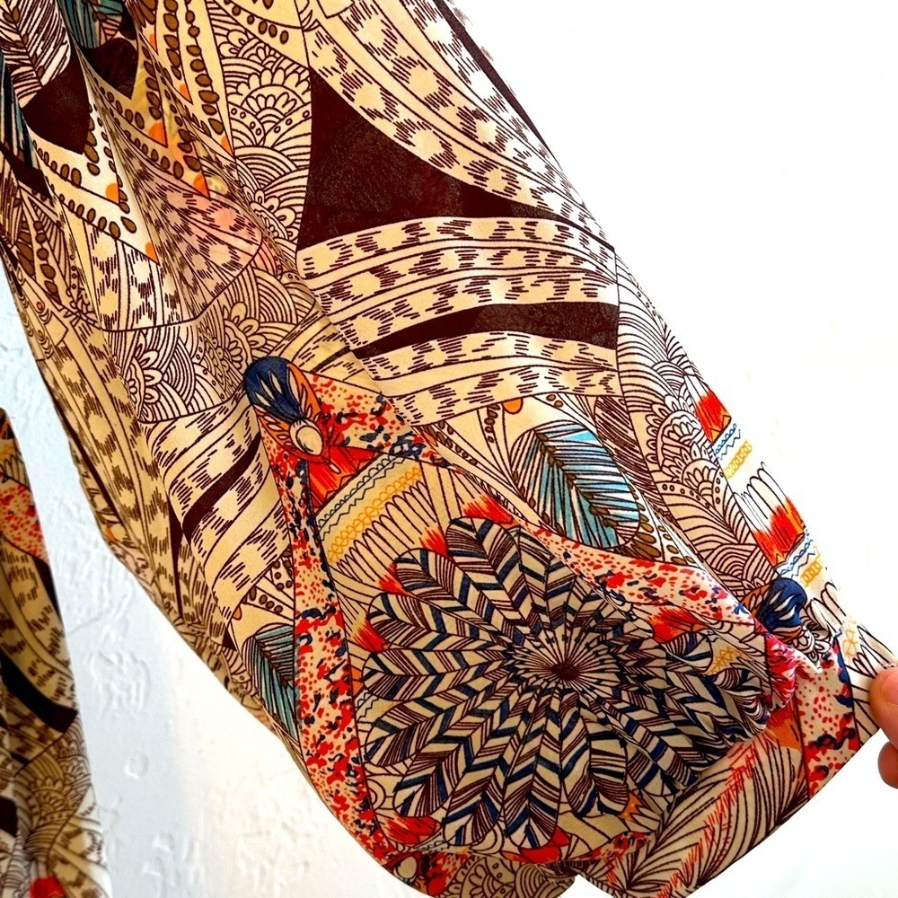 Umgee Tan/Multicolor Bohemian Print Bishop Sleeves Dress with Tassle Ties Sz L - Picture 7 of 14